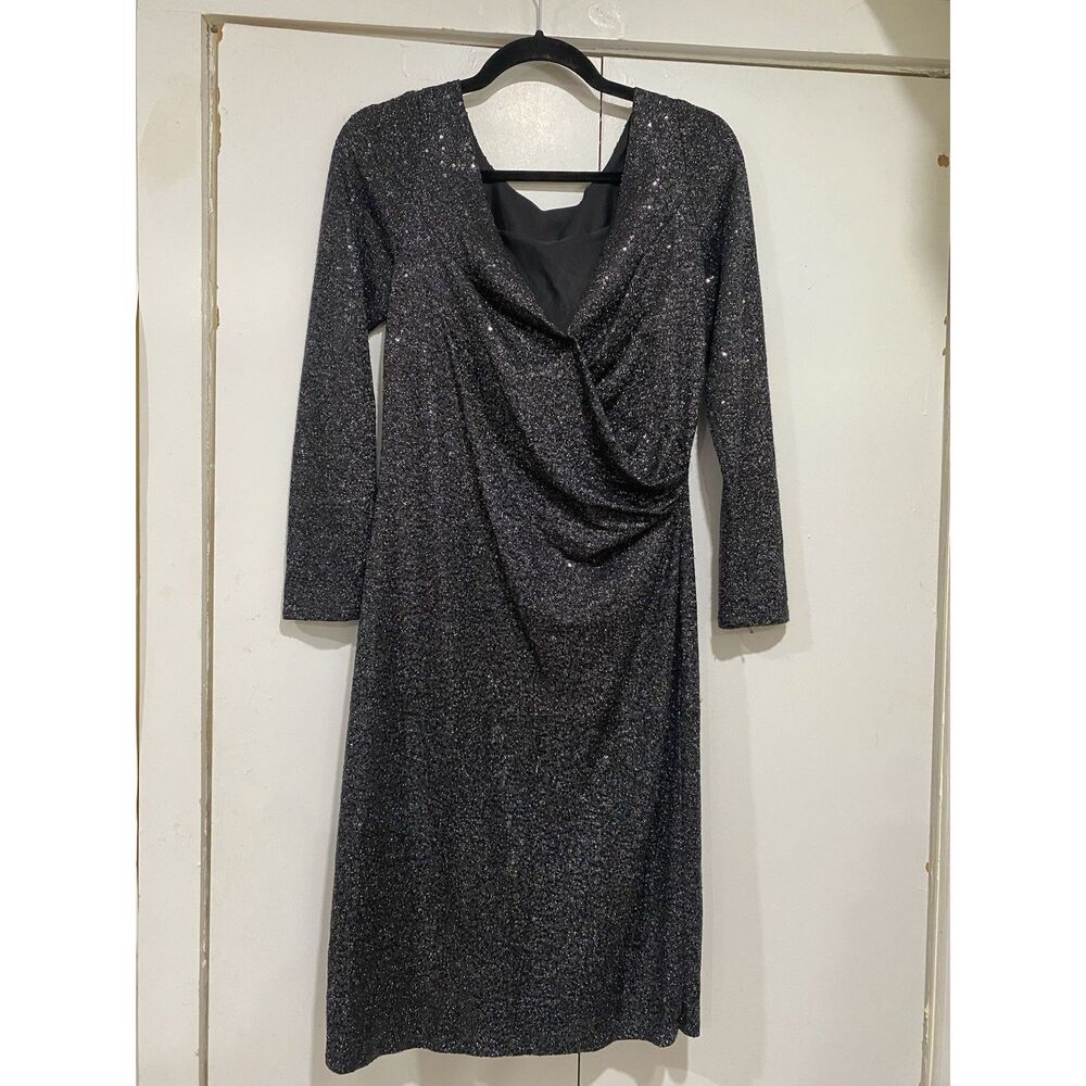 Carmen Marc Valvo Dress Sz 8 Black Silver Beaded Neck Sequin Cocktail Midi - Picture 11 of 12